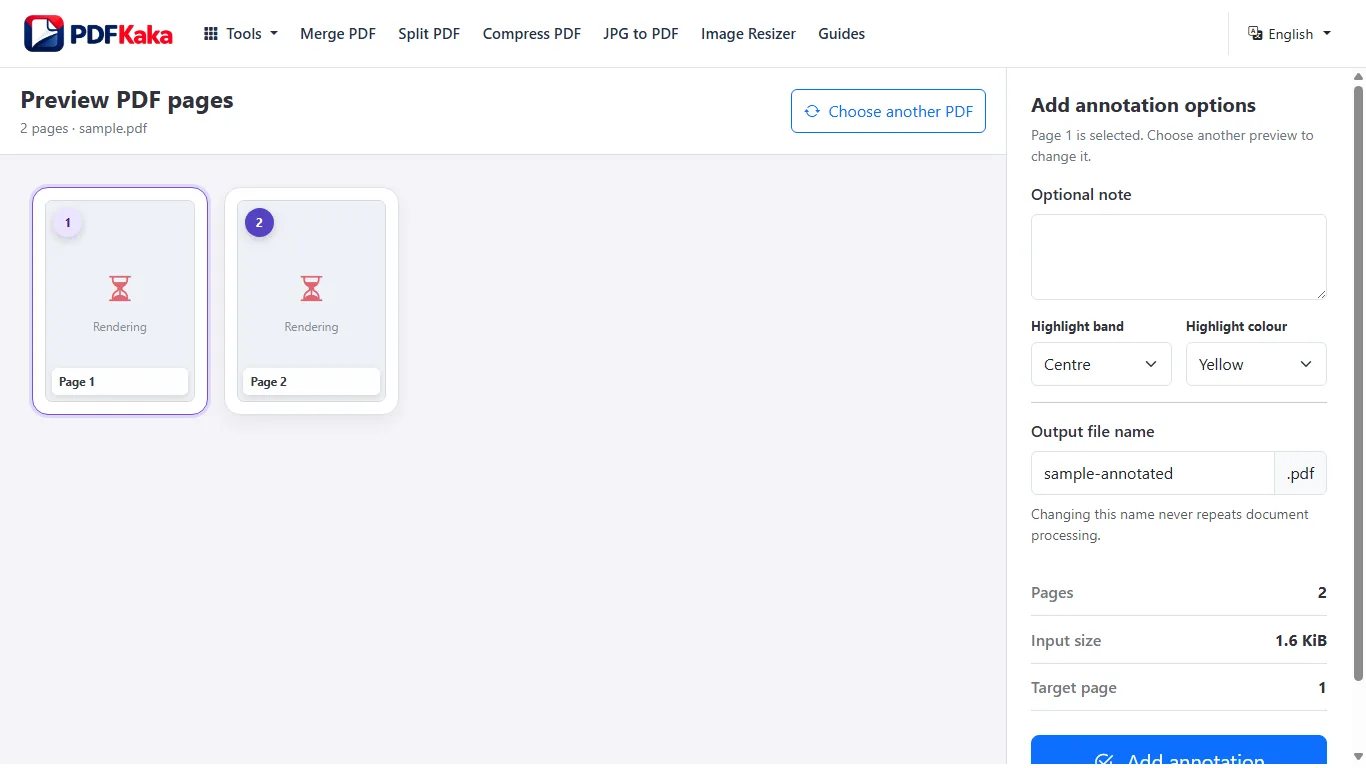 Capture the Annotate PDF workspace at 1366×768 with synthetic sample content and the controls used by this workflow visible.