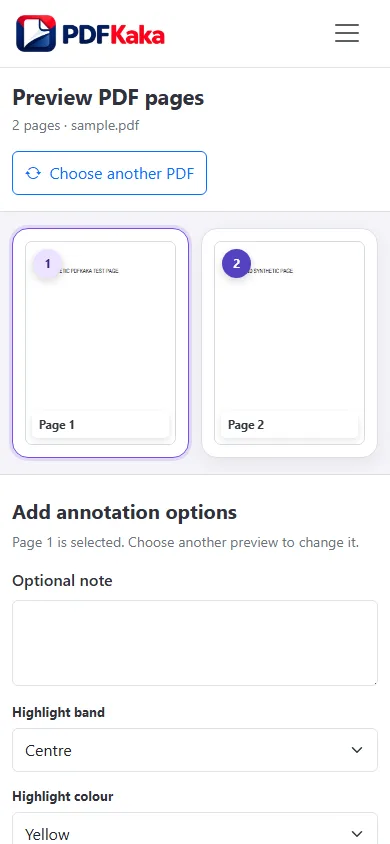 Capture the Annotate PDF workspace at a 390 px mobile viewport with synthetic sample content and the control needed for “How to Mark One PDF Page on a Phone or Tablet” visible.