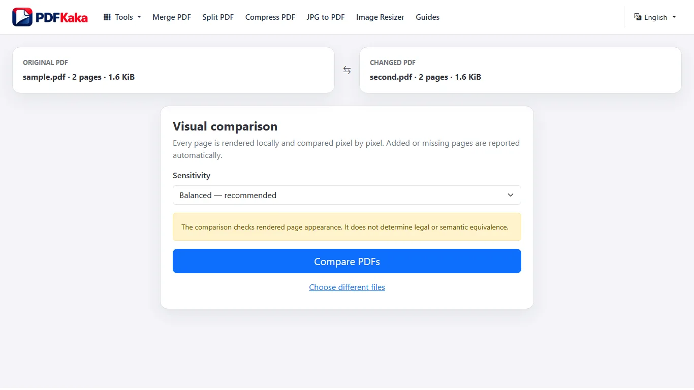 Capture the Compare PDF workspace at 1366×768 with synthetic sample content and the controls used by this workflow visible.