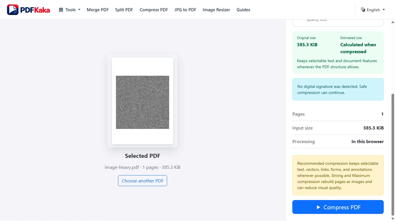 Capture the Compress PDF workspace at 1366×768 with synthetic sample content and the controls used by this workflow visible.