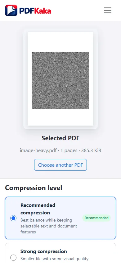 Capture the Compress PDF workspace at a 390 px mobile viewport with synthetic sample content and the control needed for “How to compress a PDF on iPhone or Android” visible.