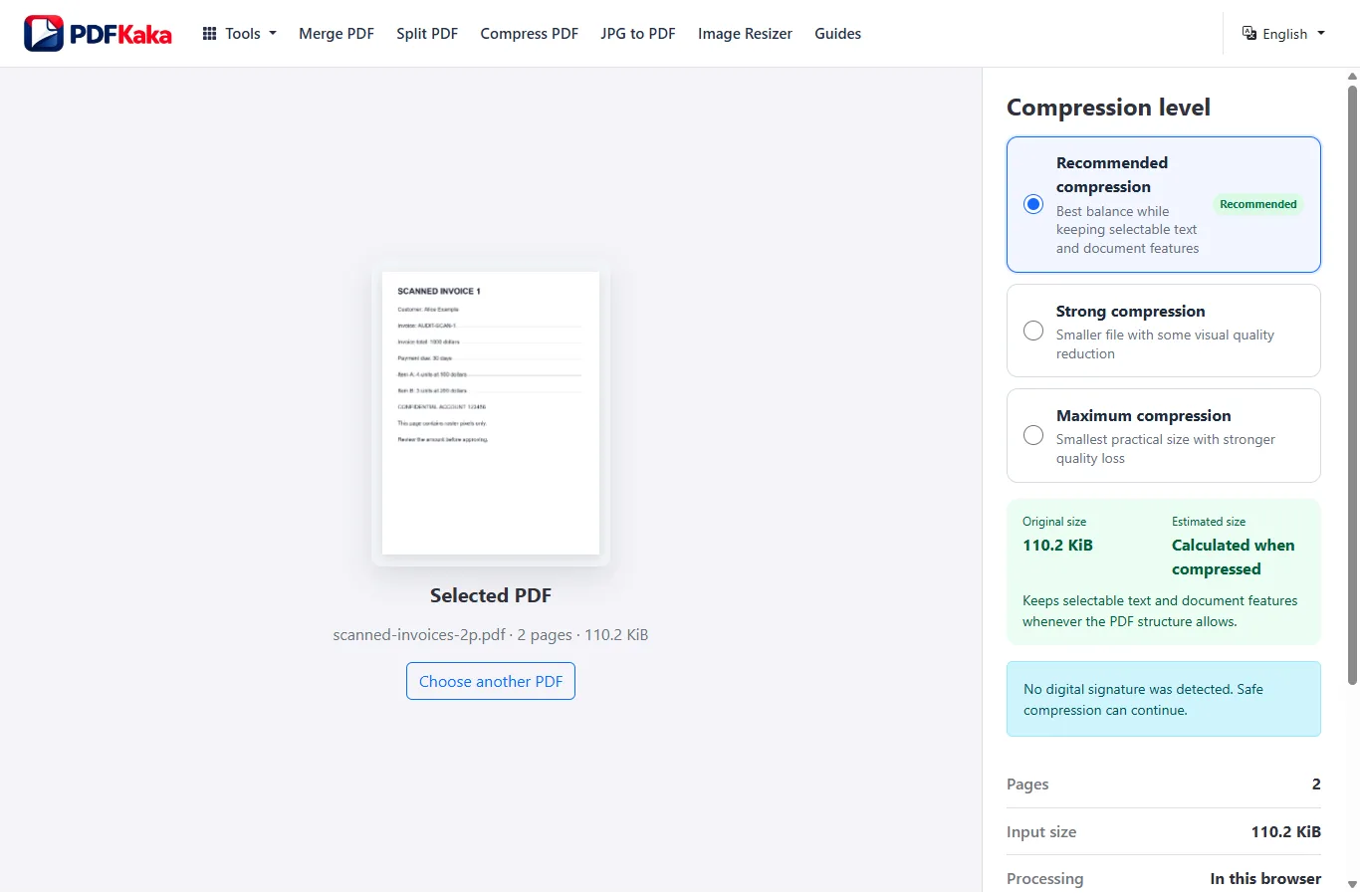 Área de trabajo actual de Comprimir PDF con una factura sintética de dos páginas y controles Recomendado, Fuerte y Máximo. Elige un modo y revisa el PDF descargado para comprobar la legibilidad y las funciones necesarias.