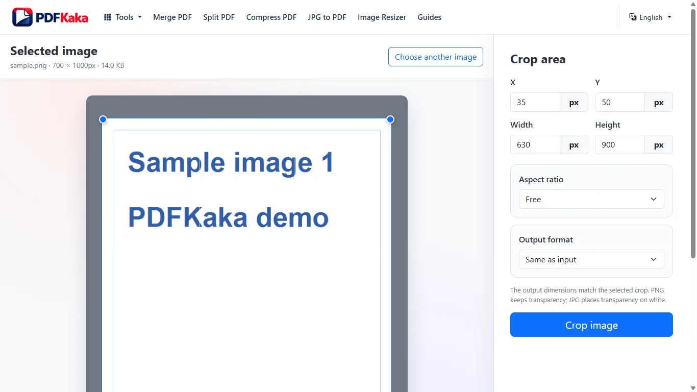 Capture the Crop Image workspace at 1366×768 with synthetic sample content and the controls used by this workflow visible.