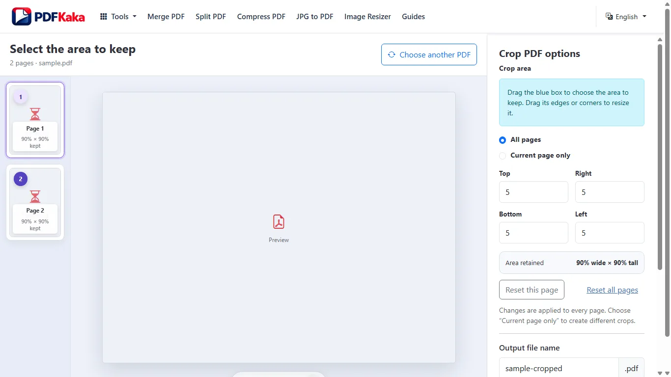 Capture the Crop PDF workspace at 1366×768 with synthetic sample content and the controls used by this workflow visible.