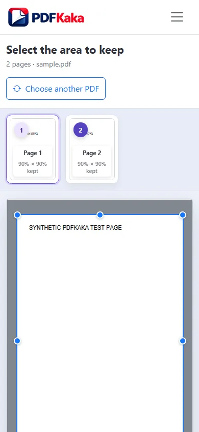 Capture the Crop PDF workspace at a 390 px mobile viewport with synthetic sample content and the control needed for “How to crop a PDF on iPhone or Android” visible.