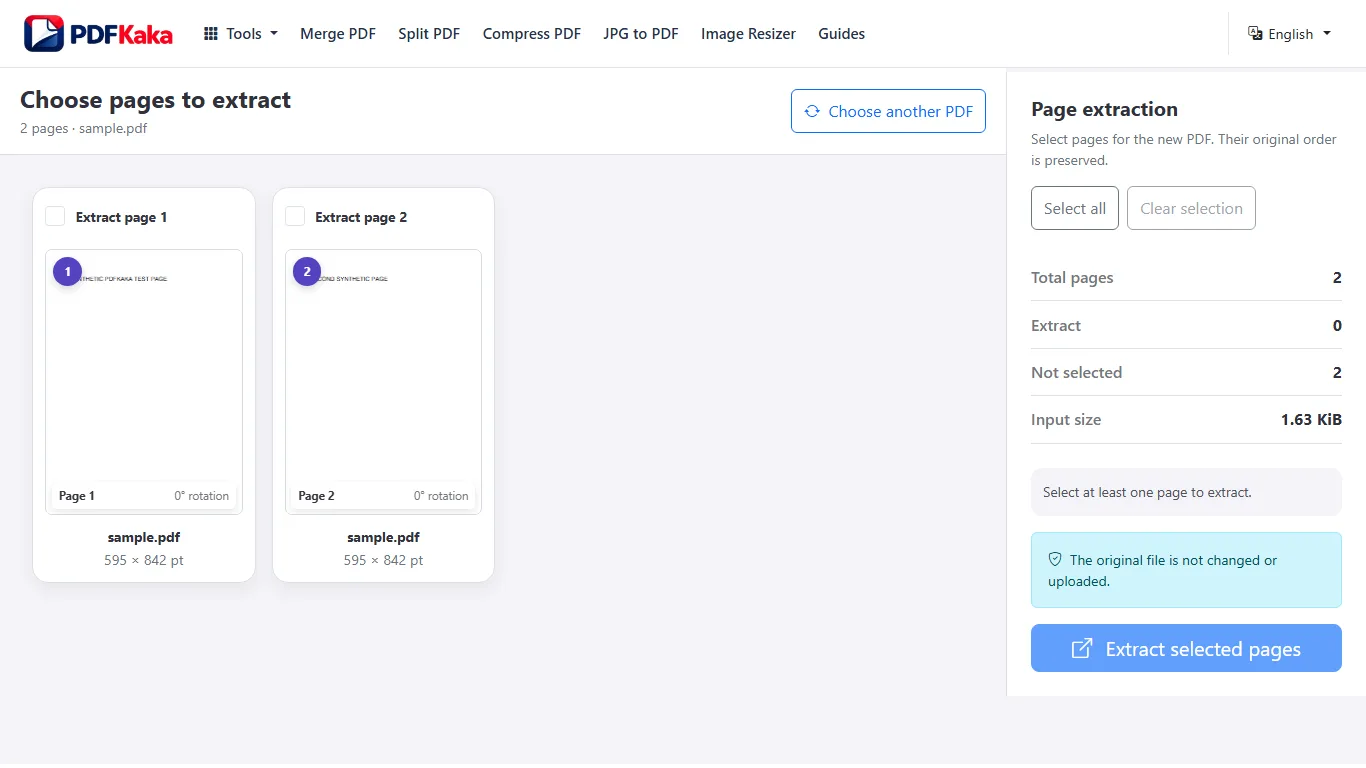 Capture the Extract Pages workspace at 1366×768 with synthetic sample content and the controls used by this workflow visible.
