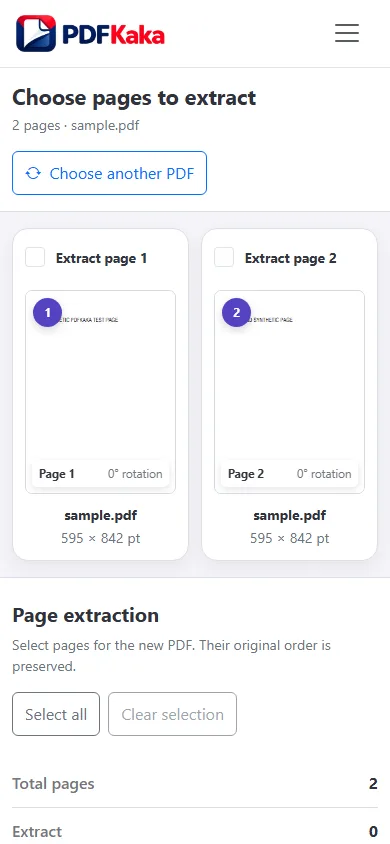 Capture the Extract Pages workspace at a 390 px mobile viewport with synthetic sample content and the control needed for “How to extract PDF pages on iPhone or Android” visible.