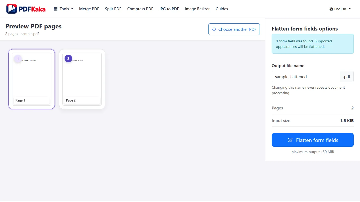 Capture the Flatten PDF workspace at 1366×768 with synthetic sample content and the controls used by this workflow visible.
