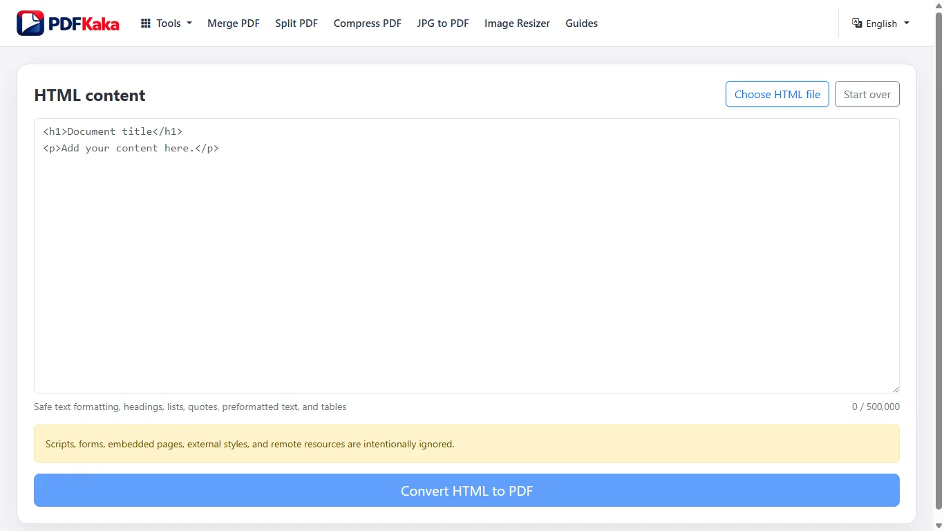 Capture the HTML to PDF workspace at 1366×768 with synthetic sample content and the controls used by this workflow visible.