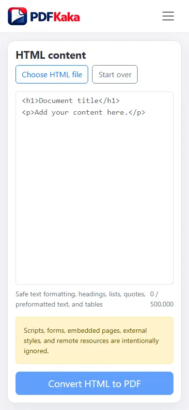 Capture the HTML to PDF workspace at a 390 px mobile viewport with synthetic sample content and the control needed for “How to convert an HTML file to PDF on a phone” visible.