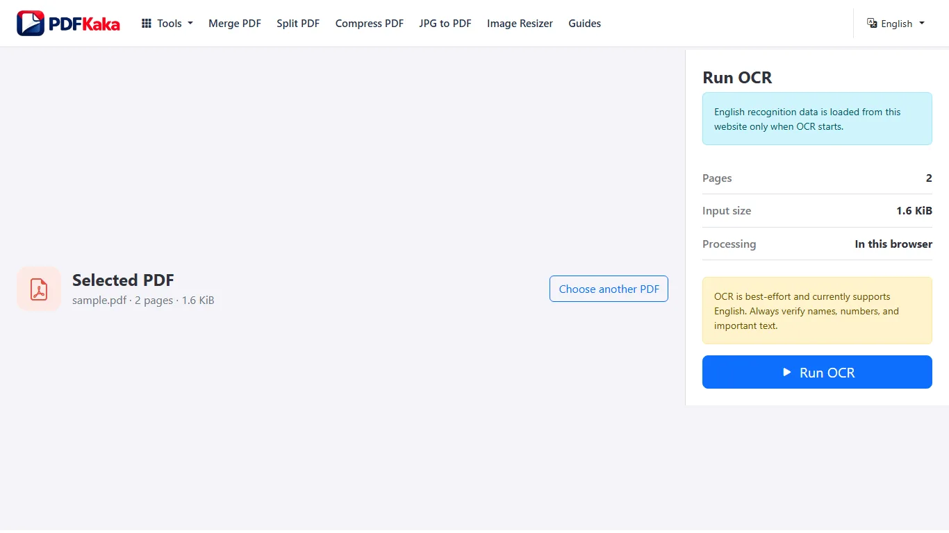 Capture the OCR PDF workspace at 1366×768 with synthetic sample content and the controls used by this workflow visible.