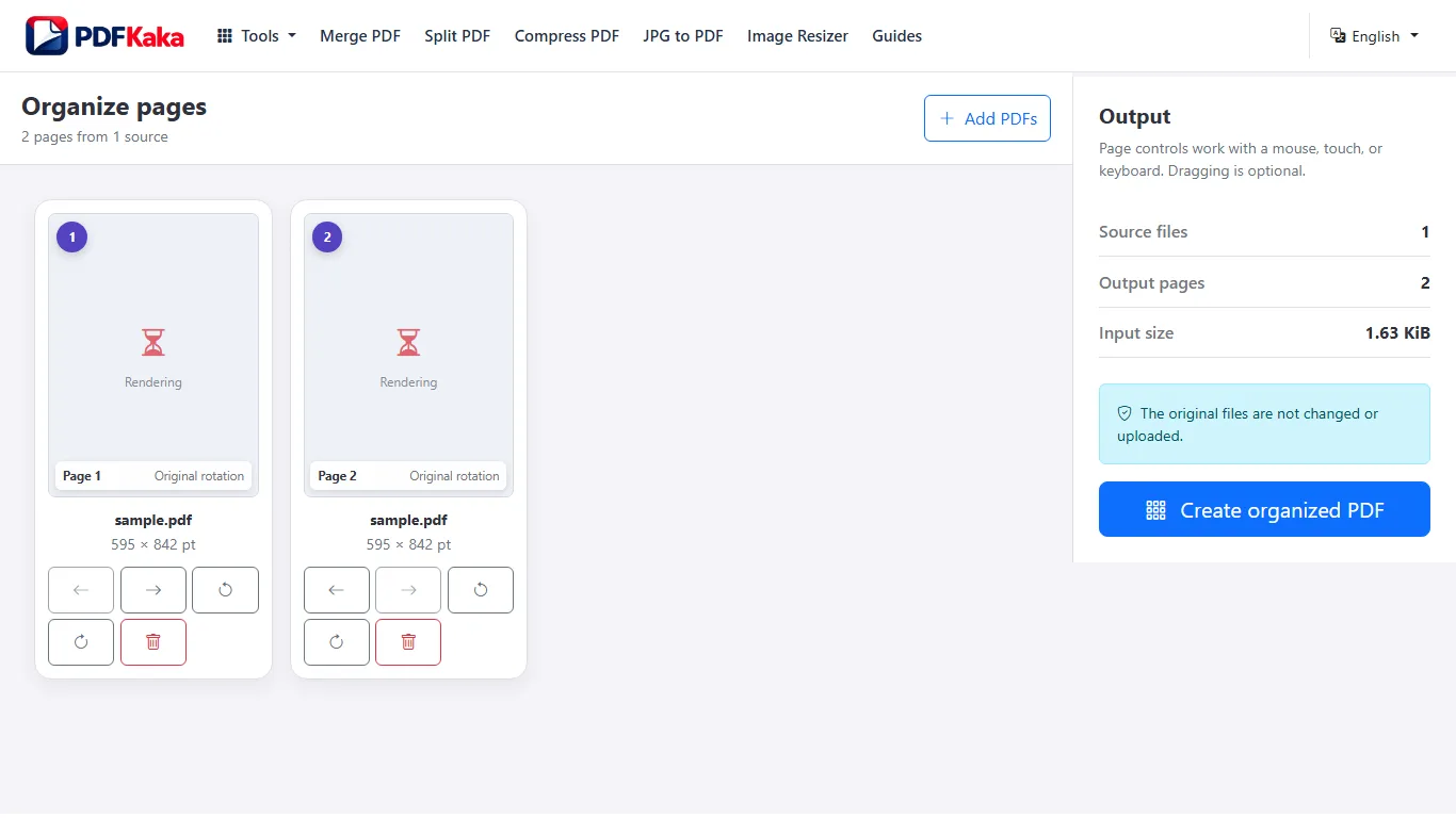 Capture the Organize PDF workspace at 1366×768 with synthetic sample content and the controls used by this workflow visible.