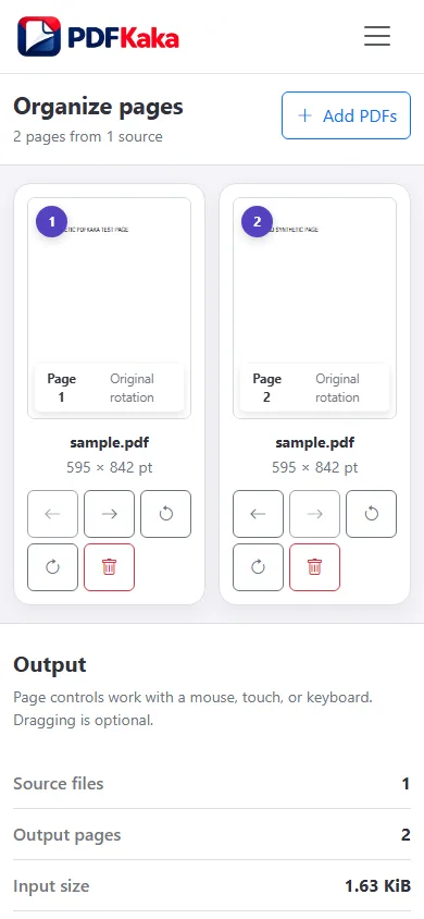 Capture the Organize PDF workspace at a 390 px mobile viewport with synthetic sample content and the control needed for “How to organize PDF pages on iPhone or Android” visible.