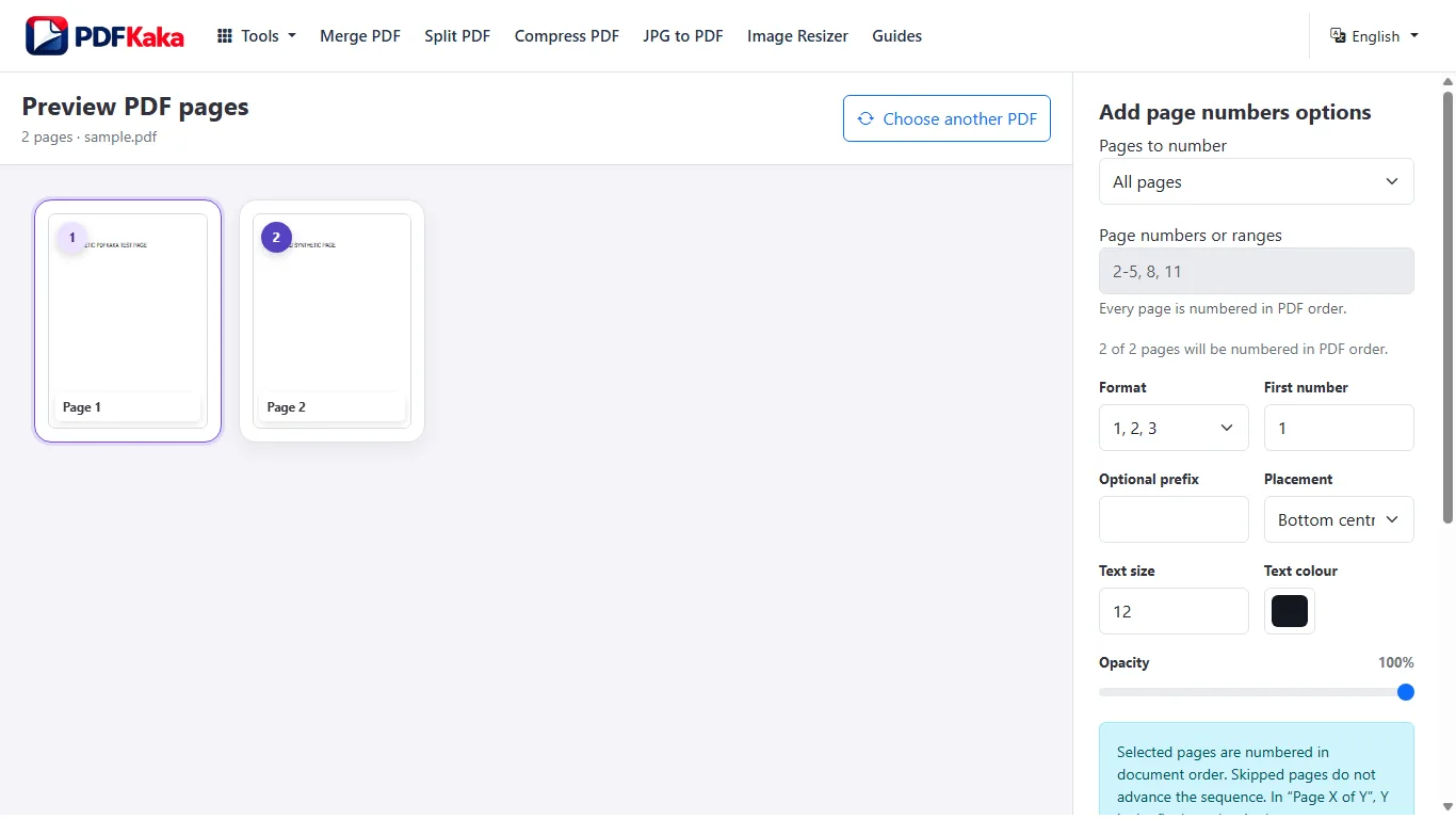 Capture the Page Numbers workspace at 1366×768 with synthetic sample content and the controls used by this workflow visible.