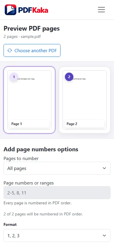 Capture the Page Numbers workspace at a 390 px mobile viewport with synthetic sample content and the control needed for “How to add page numbers to a PDF on a phone” visible.