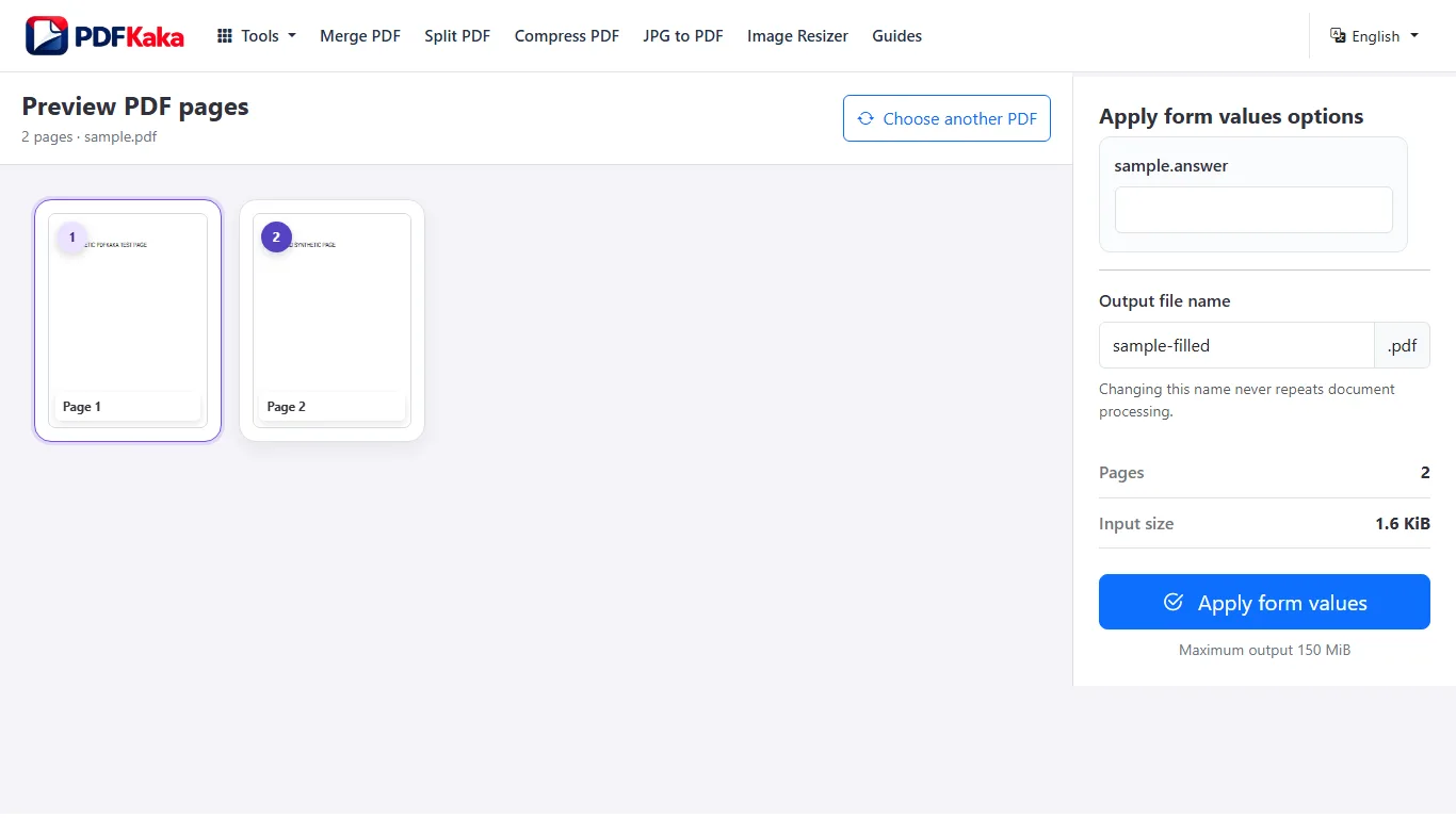Capture the PDF Forms workspace at 1366×768 with synthetic sample content and the controls used by this workflow visible.