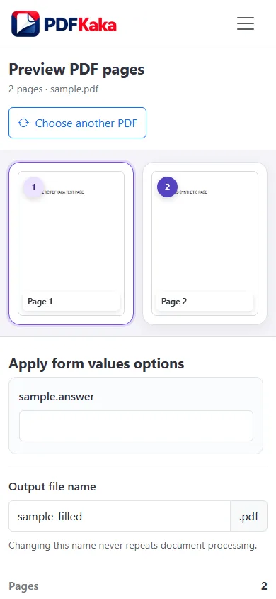 Capture the PDF Forms workspace at a 390 px mobile viewport with synthetic sample content and the control needed for “How to fill out a PDF form on a phone” visible.