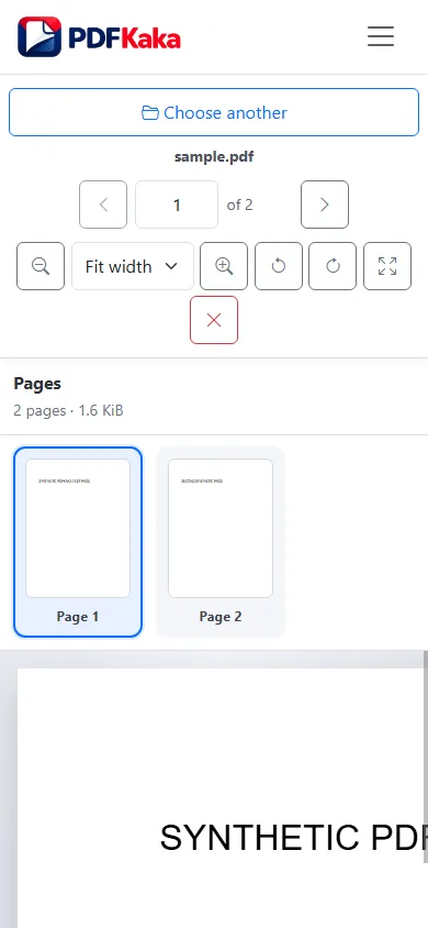 Capture the PDF Reader workspace at a 390 px mobile viewport with synthetic sample content and the control needed for “How to view PDF pages on a phone browser” visible.