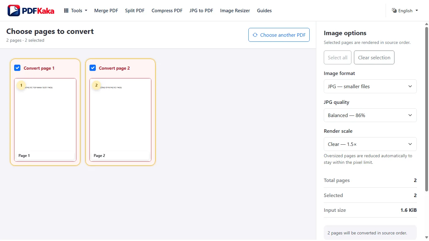 Capture the PDF to JPG workspace at 1366×768 with synthetic sample content and the controls used by this workflow visible.