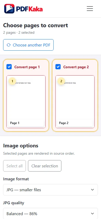 Capture the PDF to JPG workspace at a 390 px mobile viewport with synthetic sample content and the control needed for “How to convert PDF to JPG on iPhone or Android” visible.
