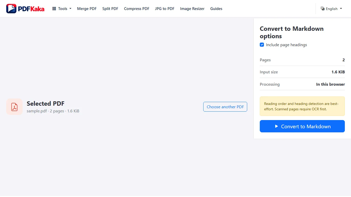 Capture the PDF to Markdown workspace at 1366×768 with synthetic sample content and the controls used by this workflow visible.