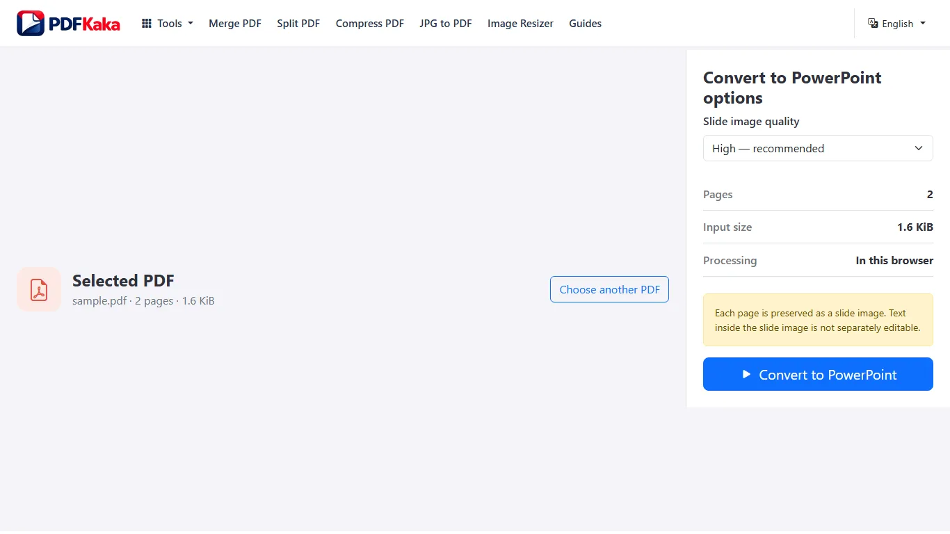 Capture the PDF to PowerPoint workspace at 1366×768 with synthetic sample content and the controls used by this workflow visible.