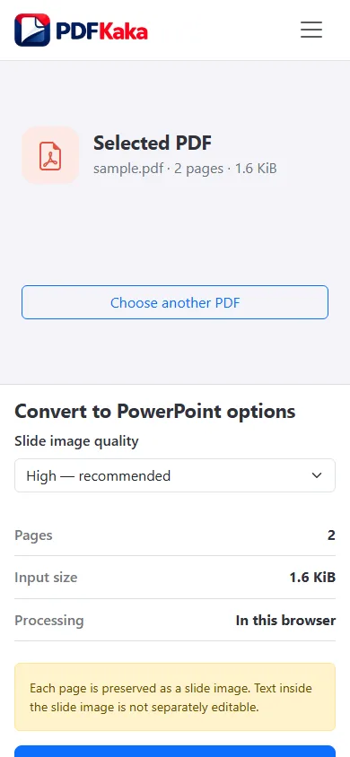 Capture the PDF to PowerPoint workspace at a 390 px mobile viewport with synthetic sample content and the control needed for “How to convert PDF to PowerPoint on a phone” visible.