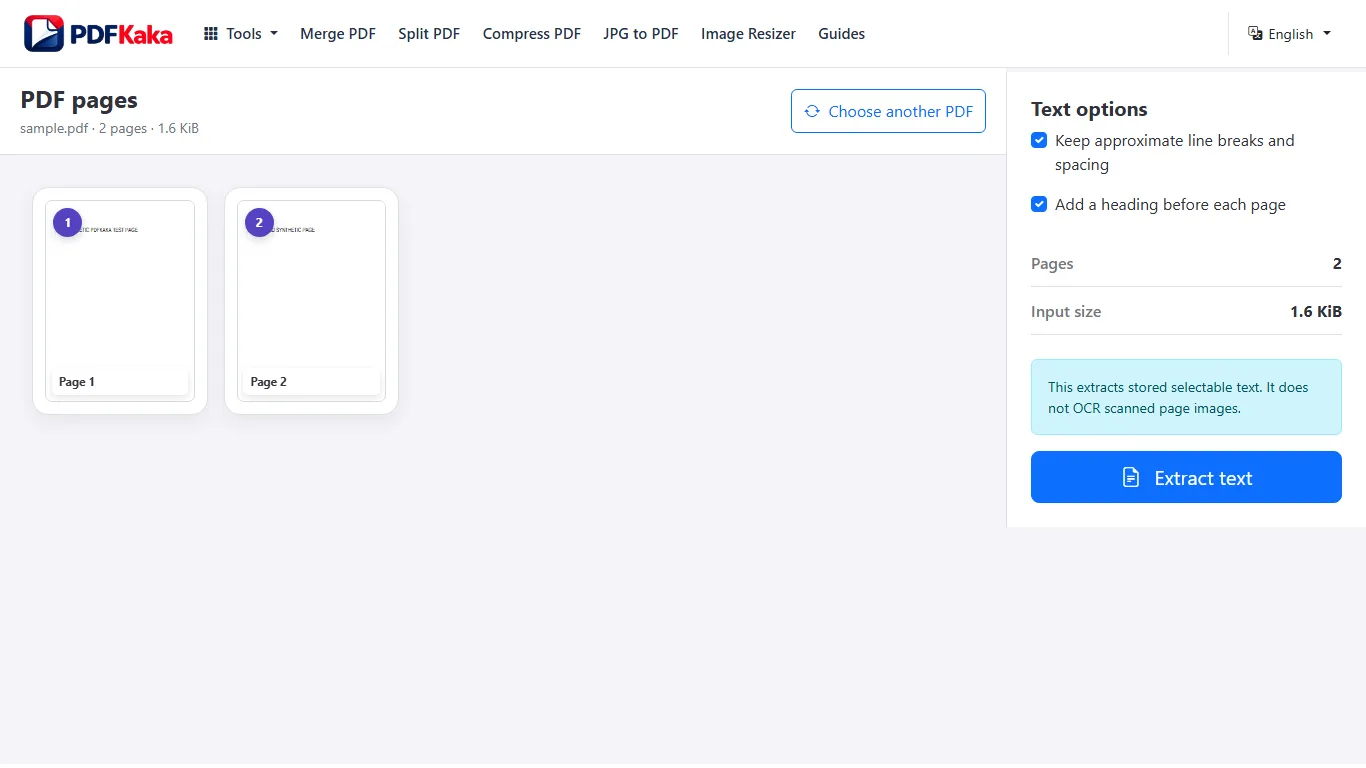 Capture the PDF to Text workspace at 1366×768 with synthetic sample content and the controls used by this workflow visible.