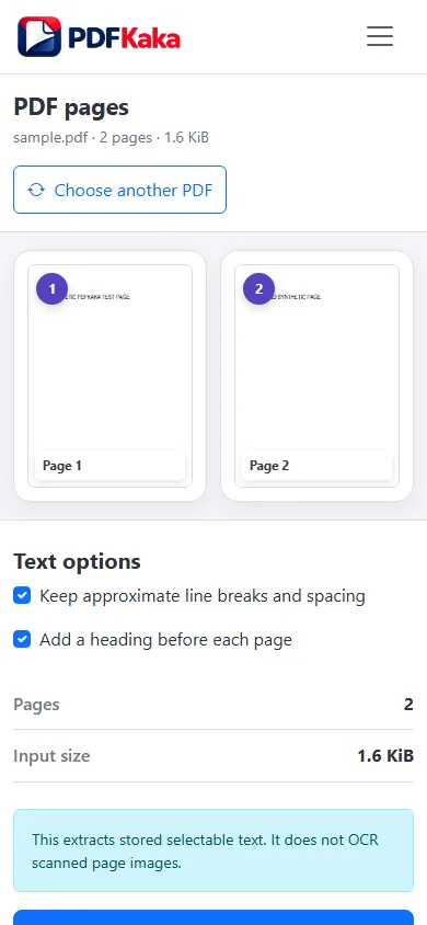 Capture the PDF to Text workspace at a 390 px mobile viewport with synthetic sample content and the control needed for “How to copy PDF text on a phone without login” visible.