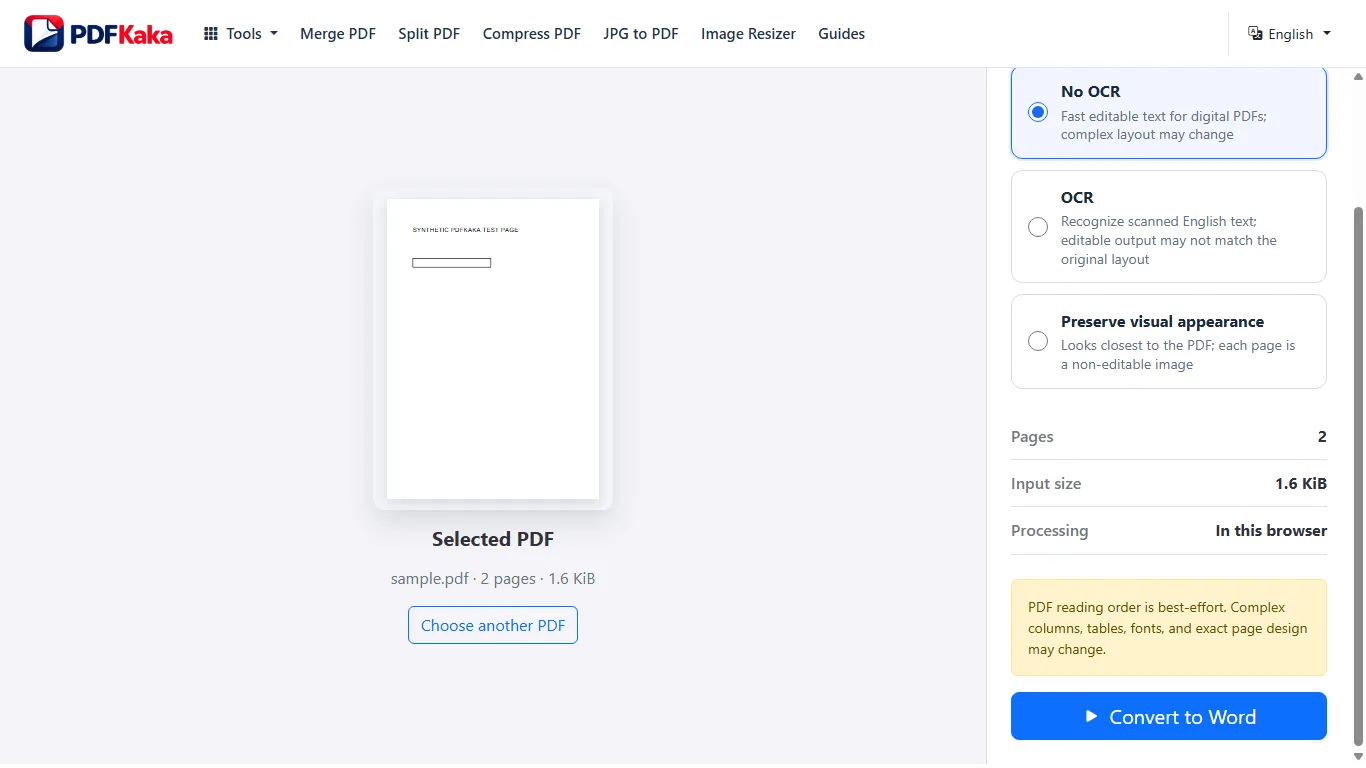 Show the relevant PDF to Word result, warning, or diagnostic state with synthetic sample content; include the clue the article tells the reader to inspect.