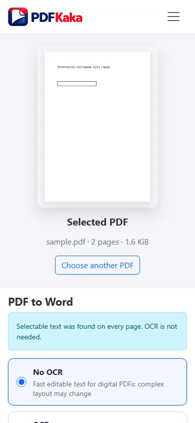 Capture the PDF to Word workspace at a 390 px mobile viewport with synthetic sample content and the control needed for “How to convert PDF to Word on iPhone or Android” visible.