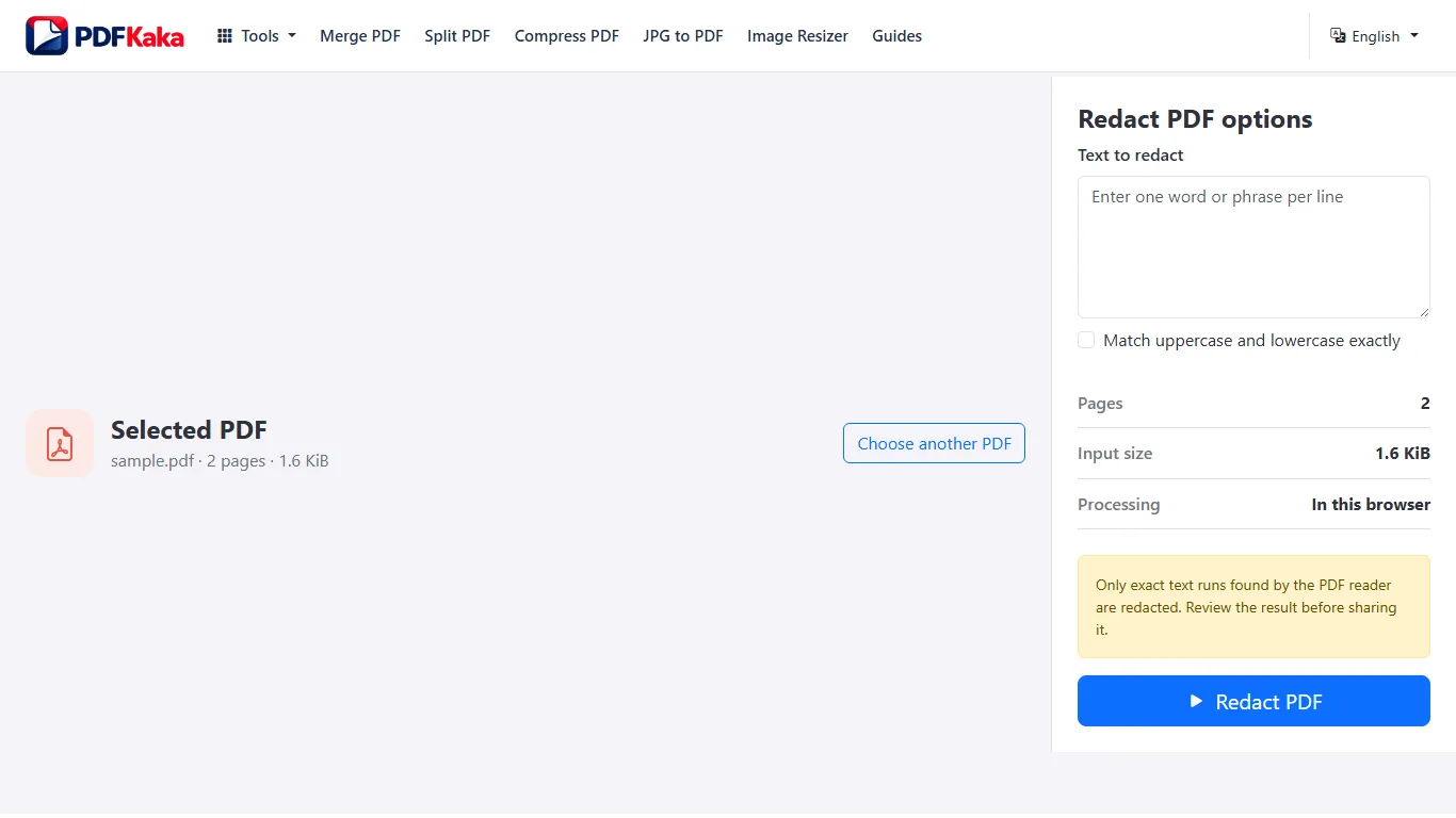 Capture the Redact PDF workspace at 1366×768 with synthetic sample content and the controls used by this workflow visible.