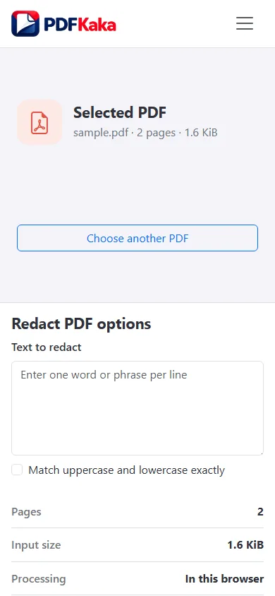 Capture the Redact PDF workspace at a 390 px mobile viewport with synthetic sample content and the control needed for “How to redact a PDF on a phone” visible.