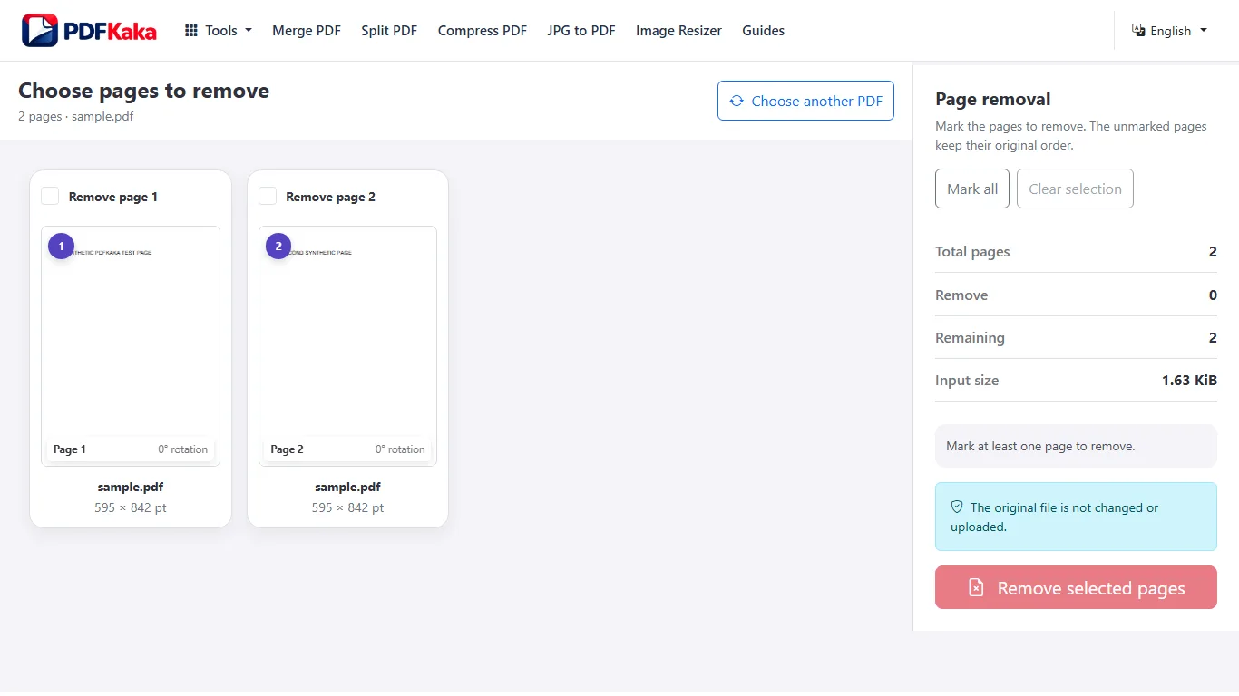 Capture the Remove Pages workspace at 1366×768 with synthetic sample content and the controls used by this workflow visible.