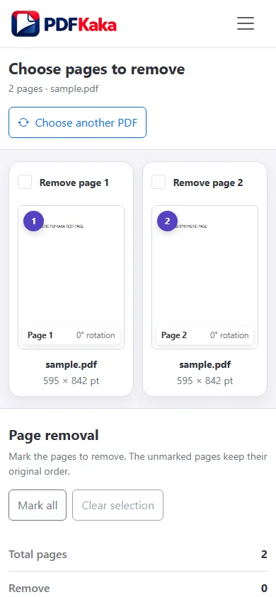 Capture the Remove Pages workspace at a 390 px mobile viewport with synthetic sample content and the control needed for “How to delete PDF pages on a phone or iPhone” visible.