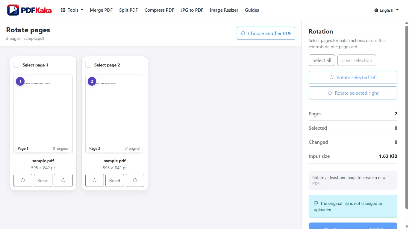 Capture the Rotate PDF workspace at 1366×768 with synthetic sample content and the controls used by this workflow visible.