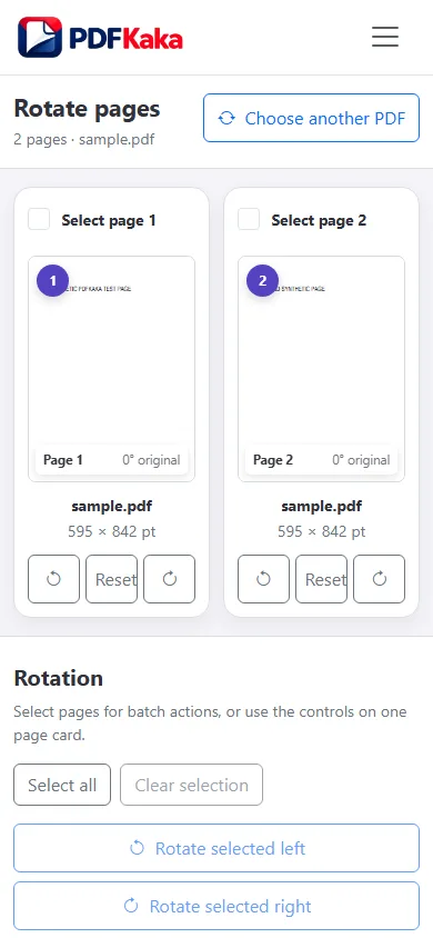 Capture the Rotate PDF workspace at a 390 px mobile viewport with synthetic sample content and the control needed for “How to rotate a PDF on iPhone or Android” visible.