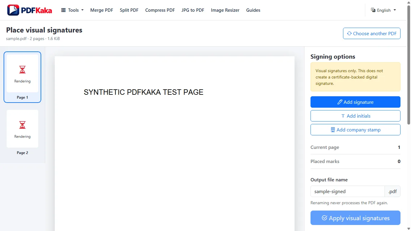 Capture the Sign PDF workspace at 1366×768 with synthetic sample content and the controls used by this workflow visible.