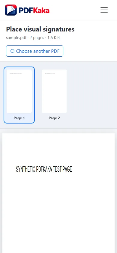 Capture the Sign PDF workspace at a 390 px mobile viewport with synthetic sample content and the control needed for “How to sign a PDF on iPhone or Android” visible.