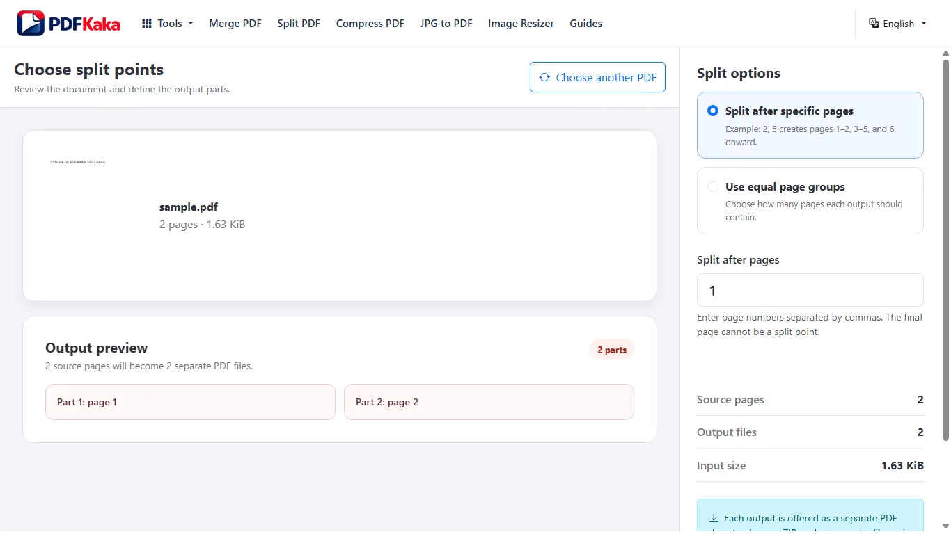 Capture the Split PDF workspace at 1366×768 with synthetic sample content and the controls used by this workflow visible.