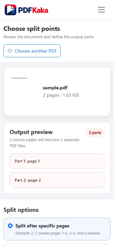 Capture the Split PDF workspace at a 390 px mobile viewport with synthetic sample content and the control needed for “How to split a PDF on iPhone or Android” visible.