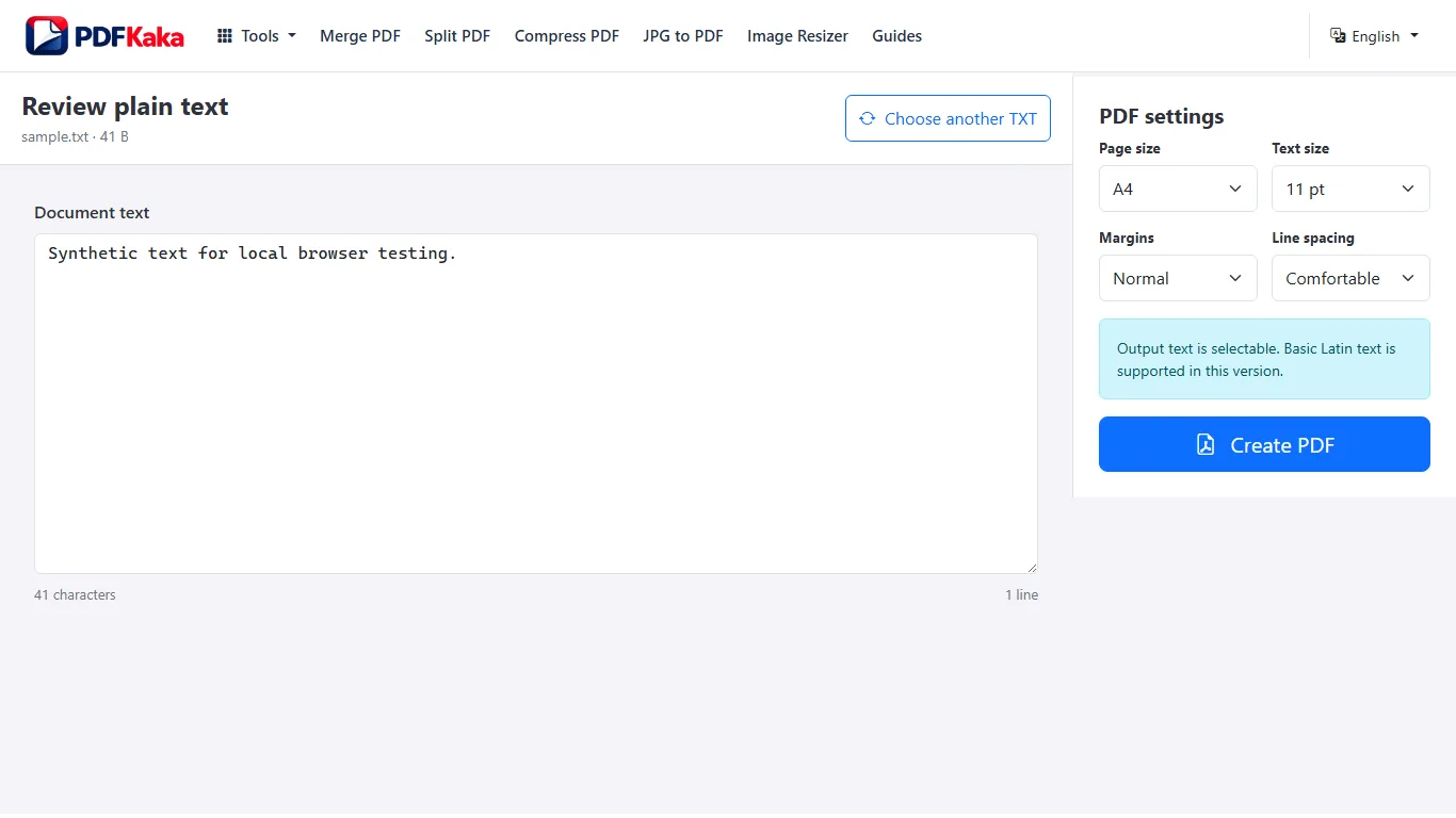 Capture the TXT to PDF workspace at 1366×768 with synthetic sample content and the controls used by this workflow visible.