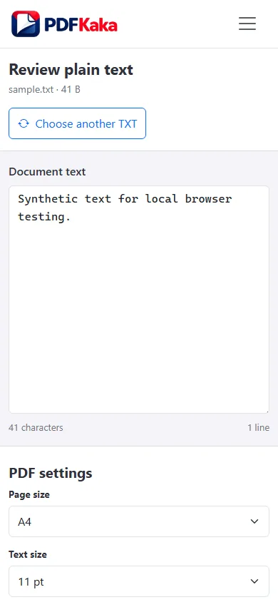 Capture the TXT to PDF workspace at a 390 px mobile viewport with synthetic sample content and the control needed for “How to convert TXT to PDF on iPhone or Android” visible.