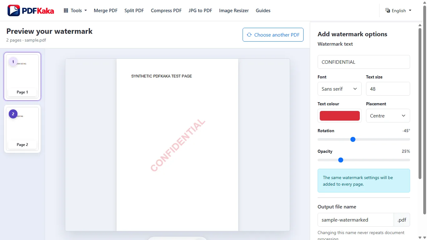 Capture the Watermark PDF workspace at 1366×768 with synthetic sample content and the controls used by this workflow visible.