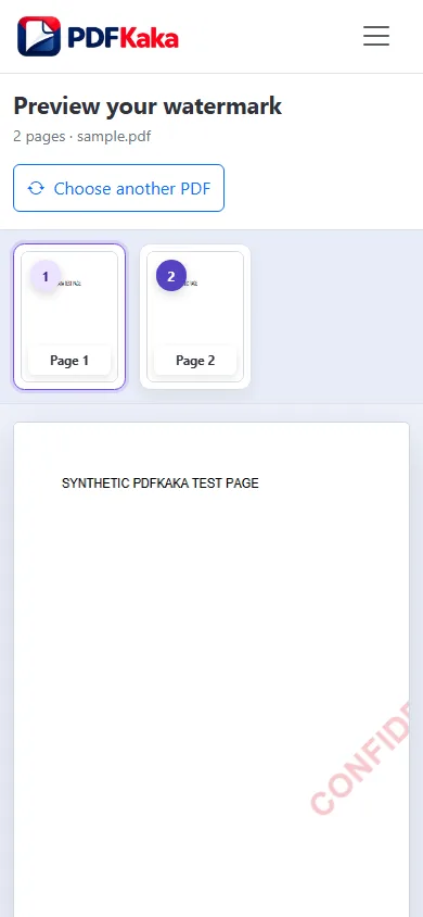 Capture the Watermark PDF workspace at a 390 px mobile viewport with synthetic sample content and the control needed for “How to add a PDF watermark on a phone” visible.