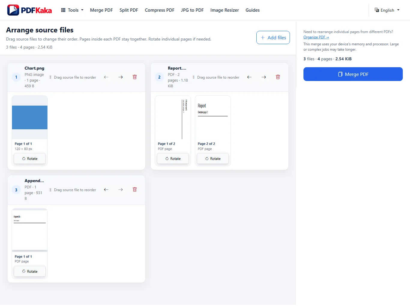 PDFKaka Merge PDF workspace with a PDF and image source files